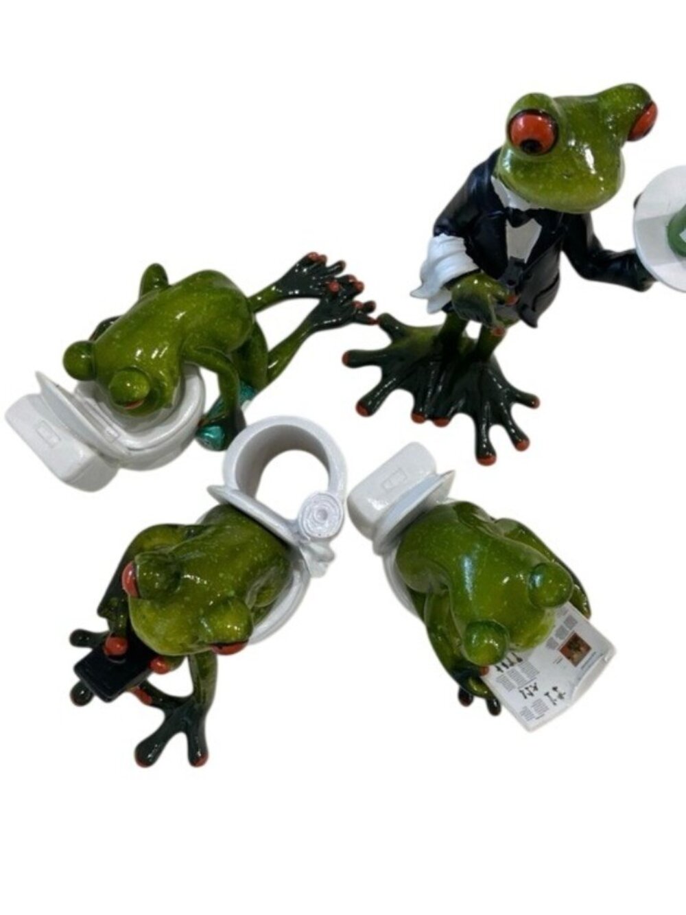 Set of 4 Funny Frog Resin Figurines – Wine Server, Bathroom Décor & Shelf Sitter